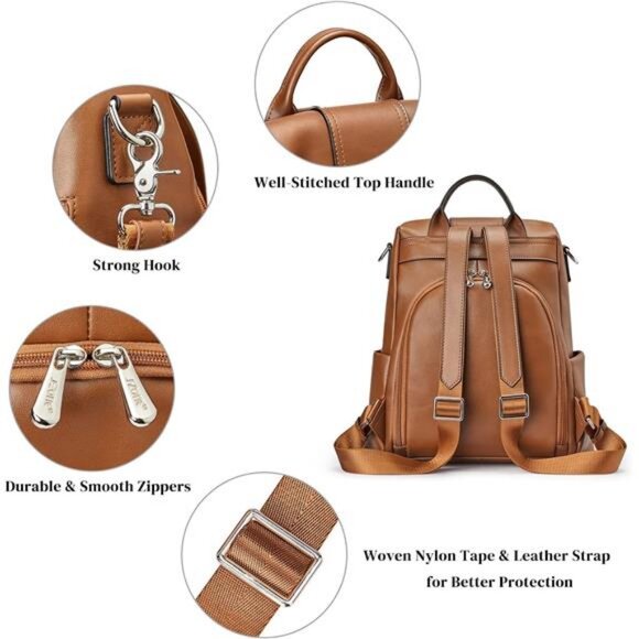 S-ZONE Leather Backpack Purses for Women Antitheft Rucksack Shoulder Bag Medium main image 5